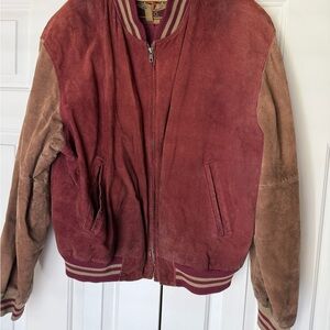 Vintage Colebrook & Co. Men's Burgundy and Tan Varsity Jacket